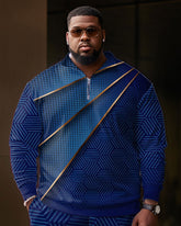 Men's Large Size Geometric Zipper Polo Shirt and Pants Two-piece Set